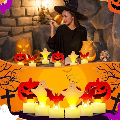 Tuanse 6 Pcs Halloween Flameless Candles Battery Operated LED Tealight Candles Pumpkin Bat Ghost Halloween Decorations for Home Indoor Table Centerpiece Party Decor
