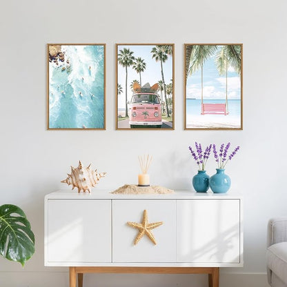 Large Summer Beach Surfing Scene Framed Canvas Wall Art Set,Coastal Pink Van and Surfboards Wall Decor,Trendy Beach Swing Palm Trees Artwork for Living Room,Bedroom-16 x24 x3