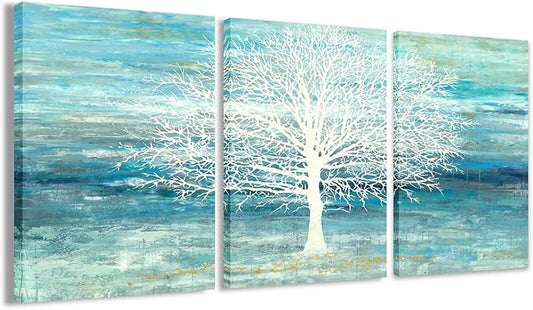 Yihui Arts Teal and Blue Canvas Wall Art - White Tree Paintings with Gold Foil - 3 Pieces Landscape Pictures for Living Room Bedroom Bathroom Decor