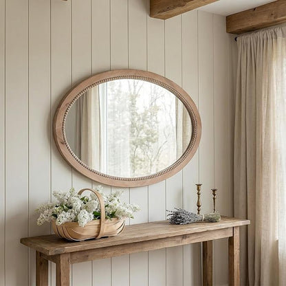sawsile Oval Wood Mirror,20x30 inch Rustic Farmhouse Natural Wooden Frame Boho Beads Wall Mirror for Bathroom,Living Room,Bedroom or Entryway