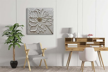 Slyart Hand Paintings 3D Floral Canvas Wall Art 24x24 Inches Abstract White Flower Paintings Modern Contemporary Texture Wall Art White Artwork for Home Decorations
