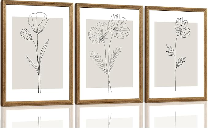 ICHZUMW Neutral Botanical Floral Wall Art, Black and White Farmhouse Flowers Wall Decor, Modern Minimalist Line Art Canvas Prints, Beige Artwork, Living Room Bedroom Home Office, Set of 3, 12x16in