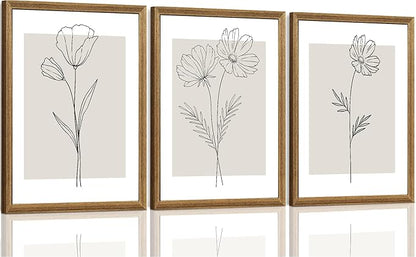 ICHZUMW Neutral Botanical Floral Wall Art, Black and White Farmhouse Flowers Wall Decor, Modern Minimalist Line Art Canvas Prints, Beige Artwork, Living Room Bedroom Home Office, Set of 3, 12x16in