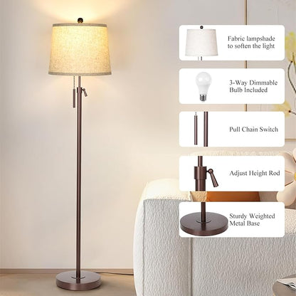 JUNNAI Modern Floor Lamp Adjustable Height Standing Lamp Tall Lamp with 3 Color Temperatures Floor Lamps for Living Room Bedroom Office Beige Shade Bulb Included-Brown