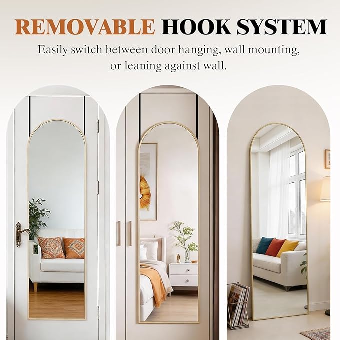 DUMOS Full Length Mirror 47x14 Inches - Arched Full Body Door Hanging Wall Mounted Aluminum Alloy Frame Mirror for Bedroom, Dressing Room, Entryway, Gold