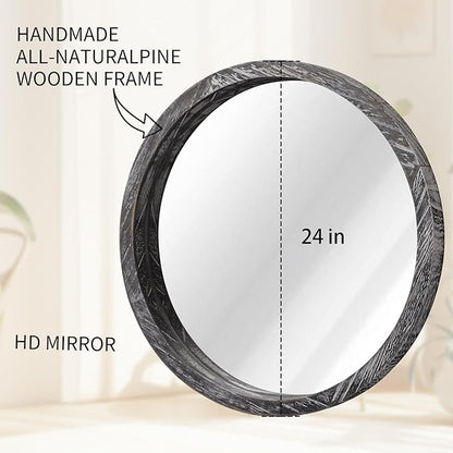 JJUUYOU Round Wall Mirror Circular Wooden Hanging Mirror for Bathroom Large Circle Black Mirror for Decor Wall Mounted Mirror for Farmhouse Living Room Bedroom 24Inch