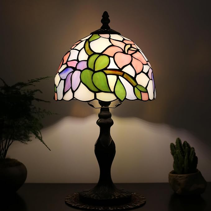Tiffany Style Lamp Stained Glass Table Lamp 8 x 14.5” Pink Flower Design Mini Accent Lamp Small Decorative Bedside Memory Light