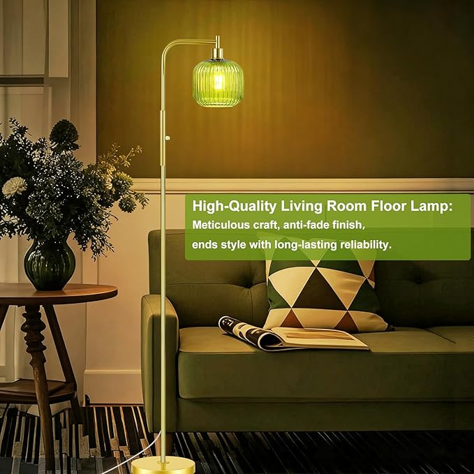 Vinaco Glass Arc Floor Lamps for Living Room, Brused Gold Floor Lamp with Ribbed Glass Shade, Dimmable Tall Lamps with Rotary Switch, Modern Standing Lamp with Bulb Included for Bedroom, Study Room