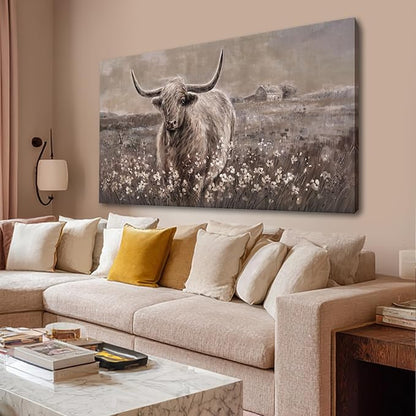 Beige and Brown Highland Cow Canvas Wall Art - 24x48 Inch Framed Large Painting for Rustic Farmhouse Living Room, Vintage Bedroom, Office Decor, Cow Lover Gift
