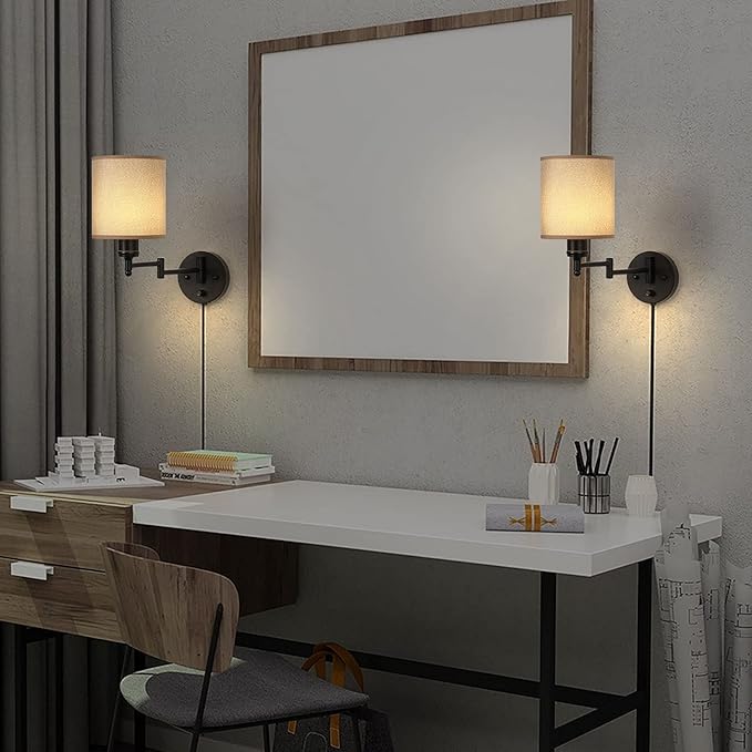 CADUKE Wall Lamps Plug in, Swing Arm Wall Sconce Set of 2 with Light Brown Lampshade, Modern Bedroom Wall Lights Fixtures, Bedside Wall Reading Lights