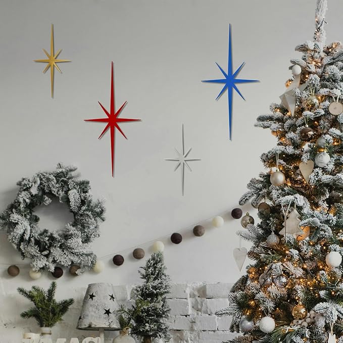 sxnzequnze 4 Pcs. Star Wall Art for Home Decor Living Room Bedroom Office Metal 3D,Bling,with Hanging Hook Starburst Midcentury Sculpture Retro Gallery Accent Celestial -Gold 16.5In/9.4In