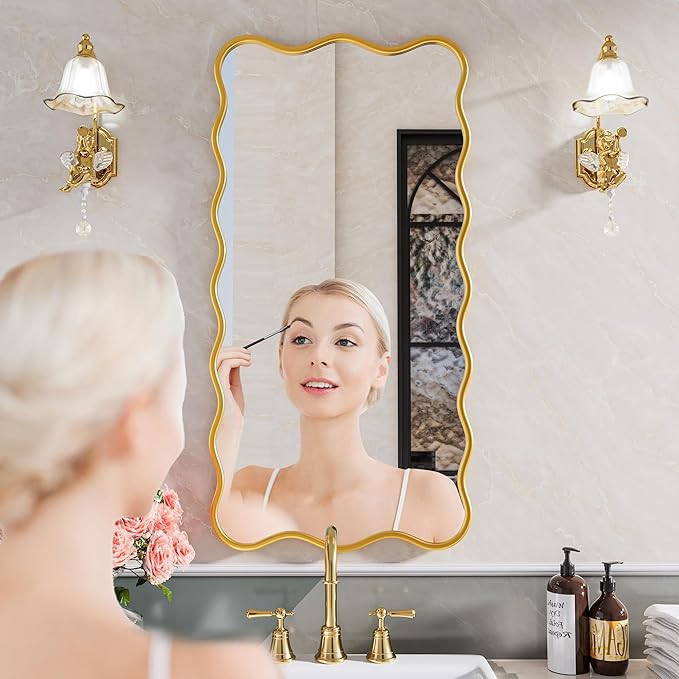 PROHOMEWARE 24 * 48" Gold Bathroom Mirror for Wall,Wavy Rectangular Mirror,Vanity Mirror,Bathroom Mirrors for Wall,Wall-Mounted Metal Frame Mirror for Bedroom Entryway Living Room Farmhouse (Gold)