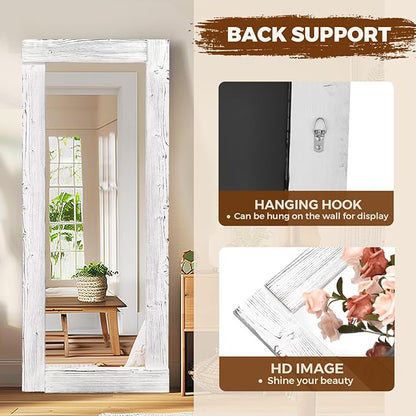 Full Length Mirror 58"x24" – Solid Wood Frame, HD Tempered Glass, Wall Mounted & Leaning, Rustic Modern Decor for Bedroom, Living Room, Entryway, White