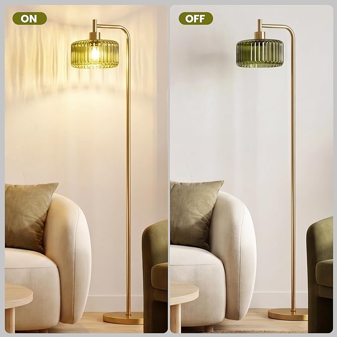 Floor Lamp for Living Room,Gold Floor Lamp with Green Glass Shade,Modern Standing Lamps with 3000K Warm Light Bulb,Vintage Tall Light for Bedroom Office Reading Room Corner.
