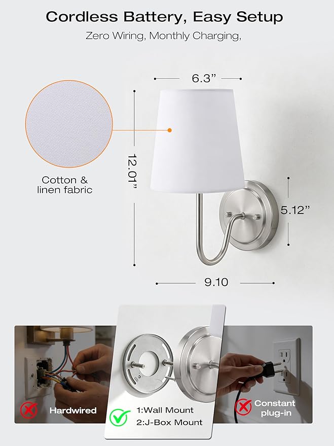 CLOUDY BAY Battery 10000mAh Operated Wall Sconces,Up to 100 Hours with Rechargeable RGB Dimmable Magnetic Bulb,Cordless Wall Lighting Fixtures with Remote for Bedroom,Brushed Nickel,2 Pack-12inch