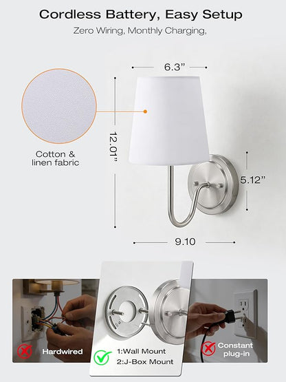 CLOUDY BAY Battery 10000mAh Operated Wall Sconces,Up to 100 Hours with Rechargeable RGB Dimmable Magnetic Bulb,Cordless Wall Lighting Fixtures with Remote for Bedroom,Brushed Nickel,2 Pack-12inch