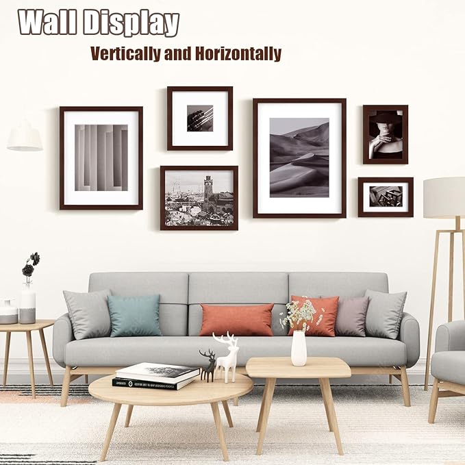 Egofine 5x7 Picture Frames Made of Solid Wood with Plexiglass, Display Pictures 3.5x5/4x6 with Mat or 5x7 Without Mat Set of 4 for Tabletop and Wall Mounting, Walnut Color