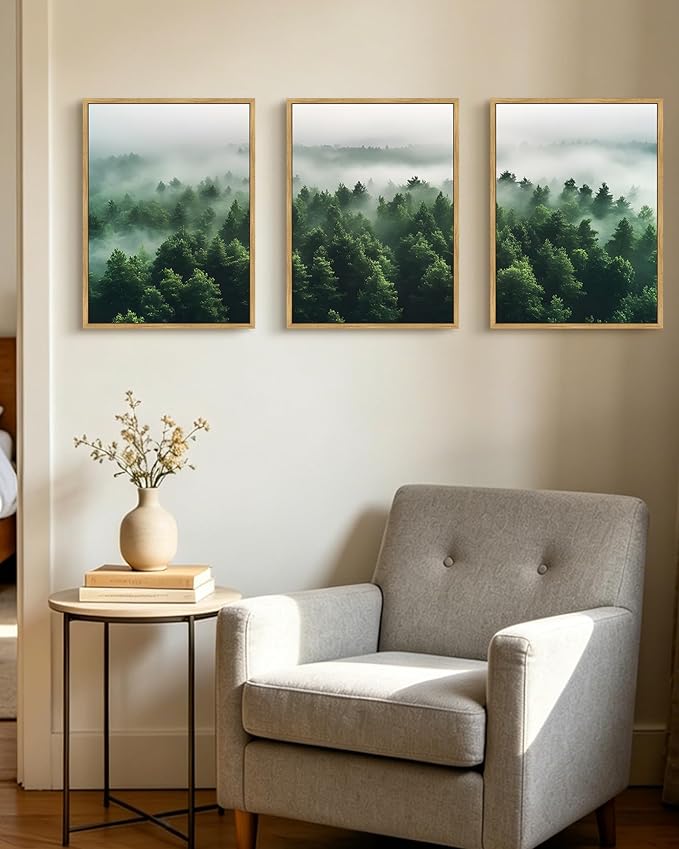 PHOPAGO Green Fog Pine Tree Framed Wall Art Nature Misty Nordic Forests Artwork Morden Paints Bedroom Living Room Home Decor - 12x16in Natural Framed