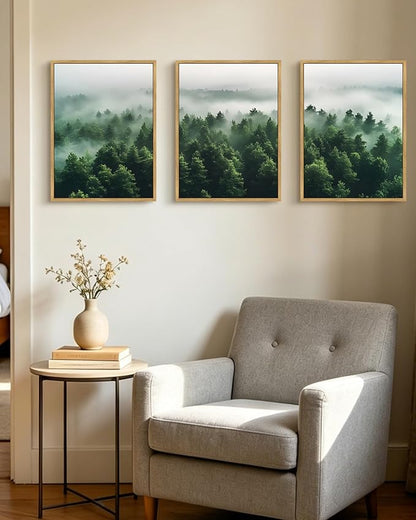 PHOPAGO Green Fog Pine Tree Framed Wall Art Nature Misty Nordic Forests Artwork Morden Paints Bedroom Living Room Home Decor - 12x16in Natural Framed