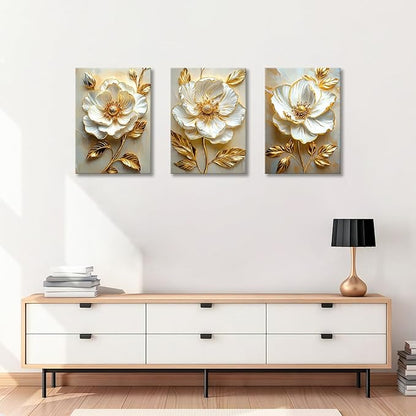 Modern White Floral Golden Leaves Canvas Wall Art Set, Neutral 3d Textured Flowers Wall Painting Pictures Boho Beige Blossom Wall Decor Posters Print Artwork for Bedroom Living Room Office 20x28x3Pcs
