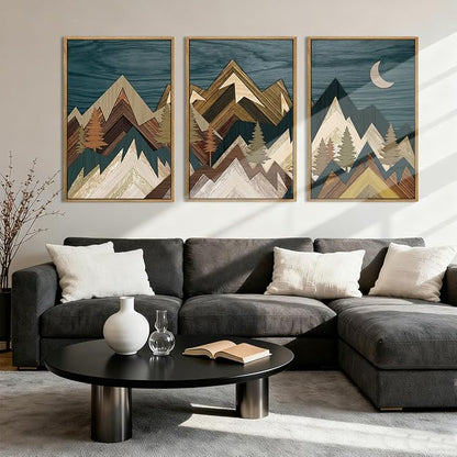BINCUE Extra Large Mountain Wall Art Moon Froest Wall Decor Nature Landscape Art Print Framed Mountain Artwork Farmhouse Rustic Wall Paintings Large Landscape Artwork for Living Room Bedroom Office 24x36 Inches Set of 3