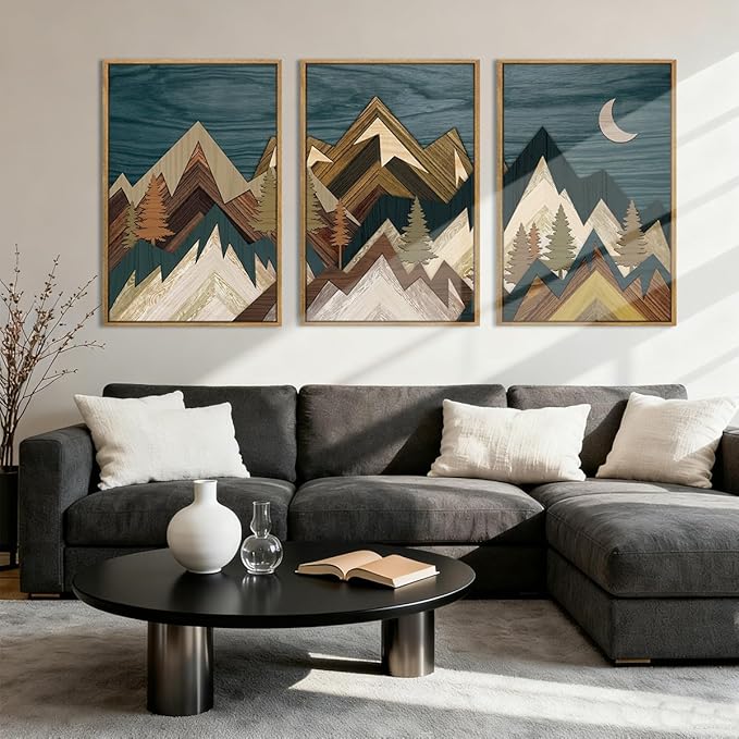 BINCUE Framed Mountain Wall Art Landscape Wall Decor Moon and Nature Artwork Mountains Wall Pictures Nature Landscape Art Prints Rustic Mountain Paintings for Farmhouse Bedroom Living Room Office 16x24 Inches Set of 3