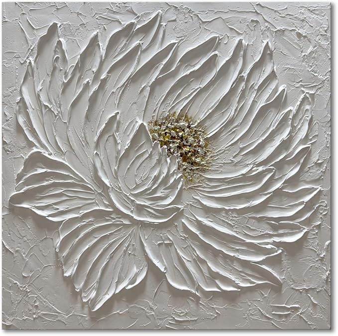 Slyart Handmade White 3D Floral Canvas Wall Art 24x24 Inches Abstract Flower Paintings Modern Contemporary Texture Wall Art White Artwork for Home Decorations