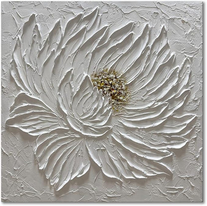 Slyart Handmade White 3D Floral Canvas Wall Art 24x24 Inches Abstract Flower Paintings Modern Contemporary Texture Wall Art White Artwork for Home Decorations