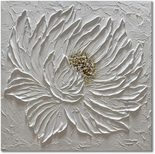 Slyart Handmade White 3D Floral Canvas Wall Art 24x24 Inches Abstract Flower Paintings Modern Contemporary Texture Wall Art White Artwork for Home Decorations
