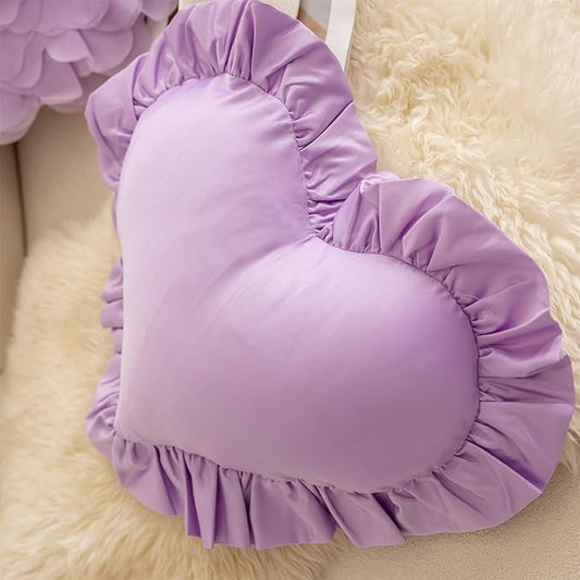 MOJUN Heart Throw Pillows, Heart Shaped Pillow with Ruffles, Soft, Purple, 15.7 x 19.6 inches