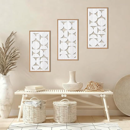 IARTTOP White Abstract Wood Wall Art Framed 8x16 Inch Set of 3 Modern Minimalist Wooden Wall Decor Mid-century Modern Geometry Artwork for Living room Bedroom Office