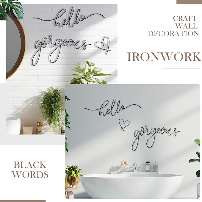Hicarer Metal Hello Gorgeous Wall Art Minimalist Decor for Bedroom Bathroom Living Room Dressing Room Salon Office Home Decorations Easy to Install Wall Decor(Black,Classic Style)