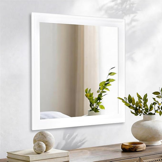 CULER White Wood Wall Mirror for Bathroom,Rectangle 30 x 30 inch Hanging Vanity Mirrors with Wooden Frame for Living Room,Bedroom,Entryway
