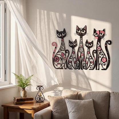 Wesiti Cat Wall Art Decor Iron Wall Sculptures Decor for Cats Lover 13.15 x 10.59 Inches Colorful Retro Mid Century Cat Signs for Home Living Room Bedroom Kitchen Office(Stylish)