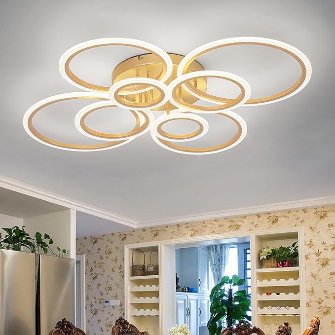 Modern LED Flush Mount Ceiling Light, 8 Rings Gold Close to Ceiling Light Fixtures, Living Room Lighting Ceiling Lamp for Dining Room, Bedroom, Kitchen, 4000K Not Dimmable