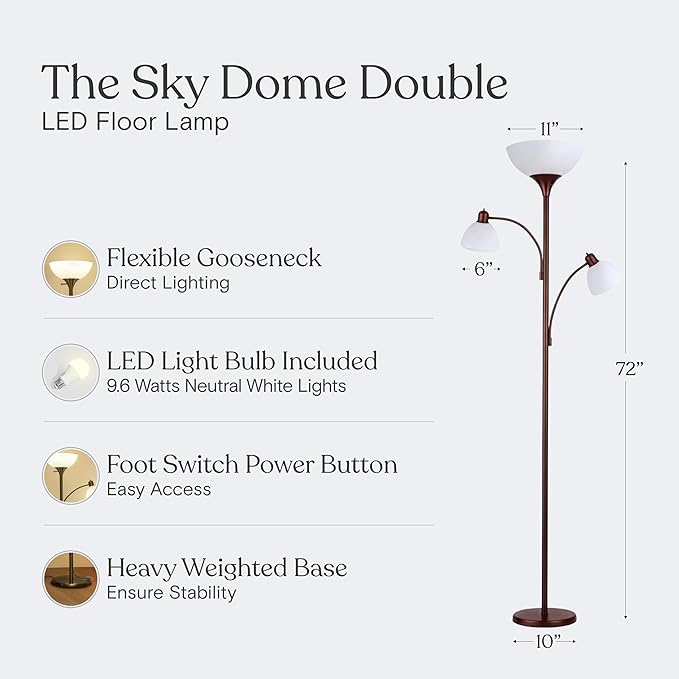 Brightech Sky Dome Double LED Floor lamp, Torchiere Super Bright Floor Lamp with 2 Reading Lamps for Living Rooms & Offices - Dimmable Tall Standing Lamp for Bedroom Reading - Bronze