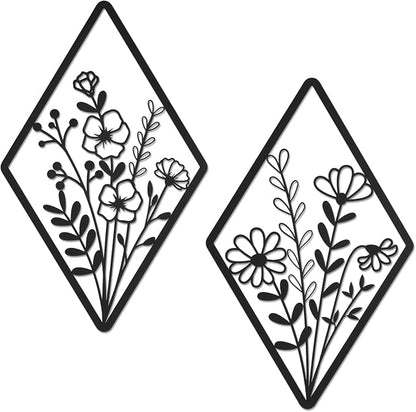 PullCrease 2 Pcs Metal Wall Art, Metal Flower Wall Decor, Modern Floral Art for Living Room, Bedroom, Bathroom, Rustic Farmhouse Decor, Sculpture Kitchen Decoration (Black)