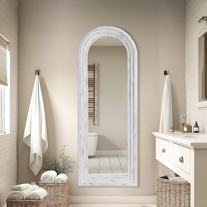 MELOMOIR Arched Full Length Mirror with Solid Wood Frame, 56"x21" Rustic Farmhouse Floor Mirror with Stand, Free Standing Leaning Hanging, for Bedroom Living Room Dressing Room, Weathering White