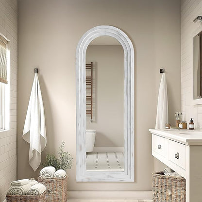MELOMOIR Arched Full Length Mirror with Solid Wood Frame, 56"x21" Rustic Farmhouse Floor Mirror with Stand, Free Standing Leaning Hanging, for Bedroom Living Room Dressing Room, Weathering White