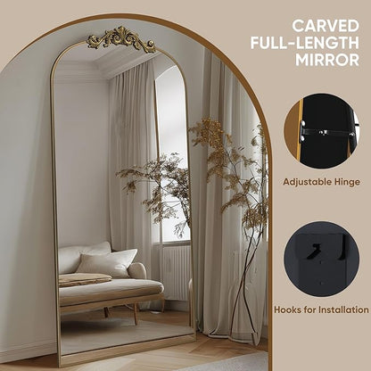 Antok Arched Full Length Mirror, 71"x28" Floor Mirror with Carved Frame, Standing/Wall Hanging Large Mirror for Bedroom, Living Room, Cloakroom, Bronze, Retro Style