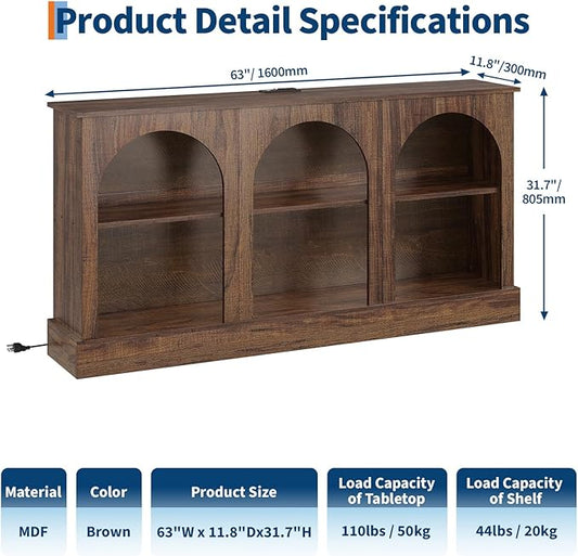 63" Arched TV Stand with Power Outlets, Console Table with Charging Station for Entryway Living Room, 3-Tier Modern Entertainment Center for 65 70 Inch TV, Media Console with Open Shelves, Brown