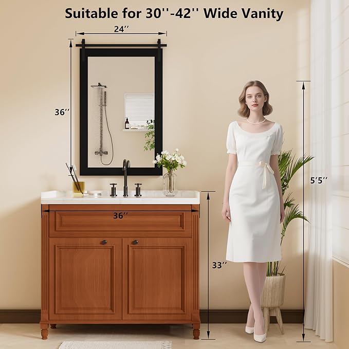 Black Farmhouse Mirror - 24x36INCH Wood Framed Square Bathroom Mirror for Vanity, Barn Door Style Wall Mounted Dresser Decor Living Room Bedroom Vertical