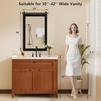 Black Farmhouse Mirror - 24x36INCH Wood Framed Square Bathroom Mirror for Vanity, Barn Door Style Wall Mounted Dresser Decor Living Room Bedroom Vertical