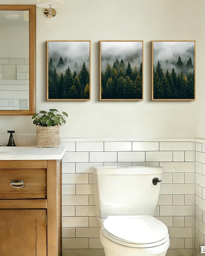 Drsoum Fog Pine Tree Landscape Wall Art Framed Nature Misty Nordic Forests Prints Morden Farmhouse Rustic Artwork Hallway Bathroom Ready to Hang 11x14in Natural Framed