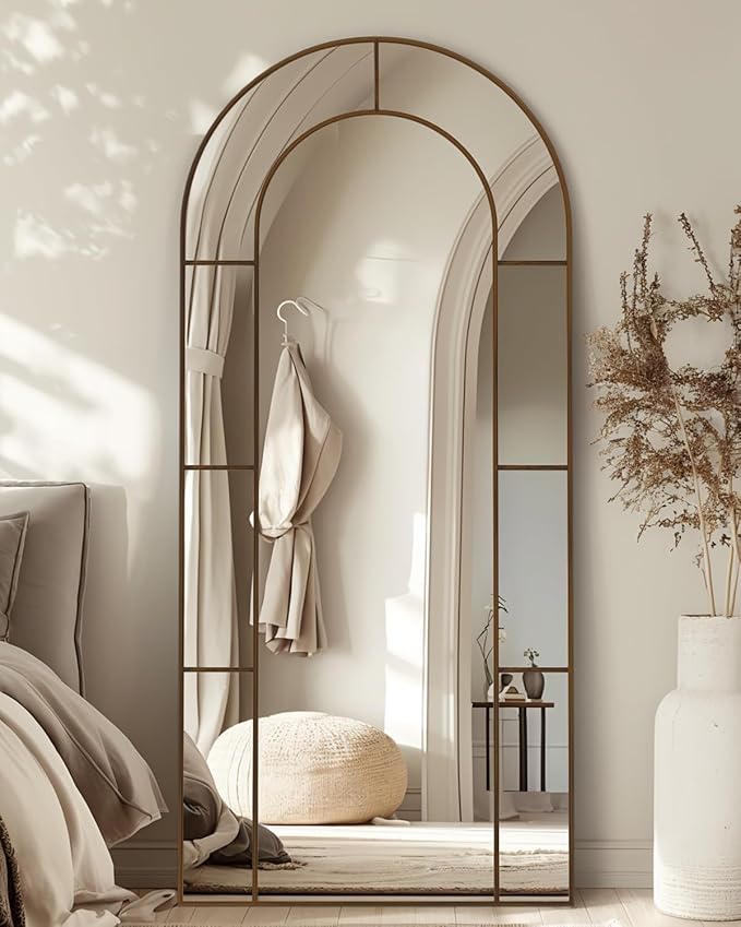 Antok 76" x 34" Full Length Mirror, Floor Mirror Arched Window Decorative Mirror, Metal Framed Decor Farmhouse Floor Mirrors Art Pane Mirrors Wall Decor for Bedroom, Living Room, Entryway Bronze
