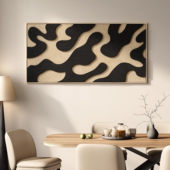 Large Framed 3D Abstract Wall Art for Living Room, Horizontal Black and Beige Textured Paintings Artwork for Walls, Neutral Modern Pictures for Bedroom Dining Room Home Office Wall Decor, 60x30 In