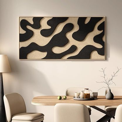 Large Framed 3D Abstract Wall Art for Living Room, Horizontal Black and Beige Textured Paintings Artwork for Walls, Neutral Modern Pictures for Bedroom Dining Room Home Office Wall Decor, 60x30 In