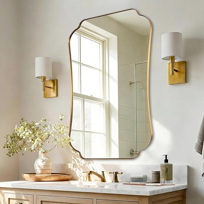 ANDY STAR 24"x32" Gold Mirror, Brushed Brass Scalloped Wall Mirror, Bathroom Wall Mirror with Stainless Steel Metal Framed Ideal for Bedroom, Hallway
