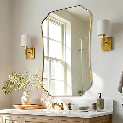 ANDY STAR 24"x32" Gold Mirror, Brushed Brass Scalloped Wall Mirror, Bathroom Wall Mirror with Stainless Steel Metal Framed Ideal for Bedroom, Hallway