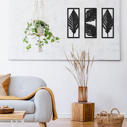 3 Pcs Palm Leaves Wooden Art Wall Decor 14.57 x 5.79 Inch Boho Wood Leaves Plant Wall Accent Vintage Tropical Plant Plaque for Home Bathroom Living Room Bedroom Office Decoration